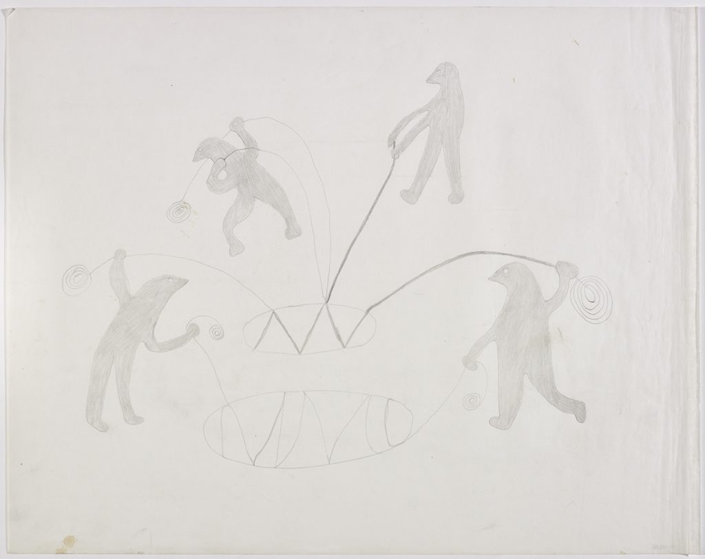 Scene depicting four strange human-like figures holding ropes that are connected to two large oval shapes on the ground in between them. Presented in a two-dimensional style and using grey.