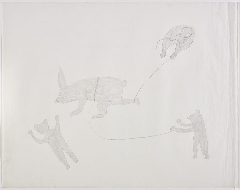 Scene depicting three polar bears trying to catch a large hare using long ropes. Scene presented in a two-dimensional style and using grey.
