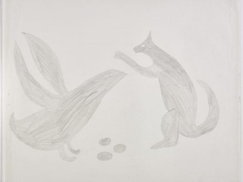 A bird leaning over a group of three eggs and facing a fox standing on its hind legs and raising one leg towards the bird. Figures presented in a two-dimensional style and using grey.