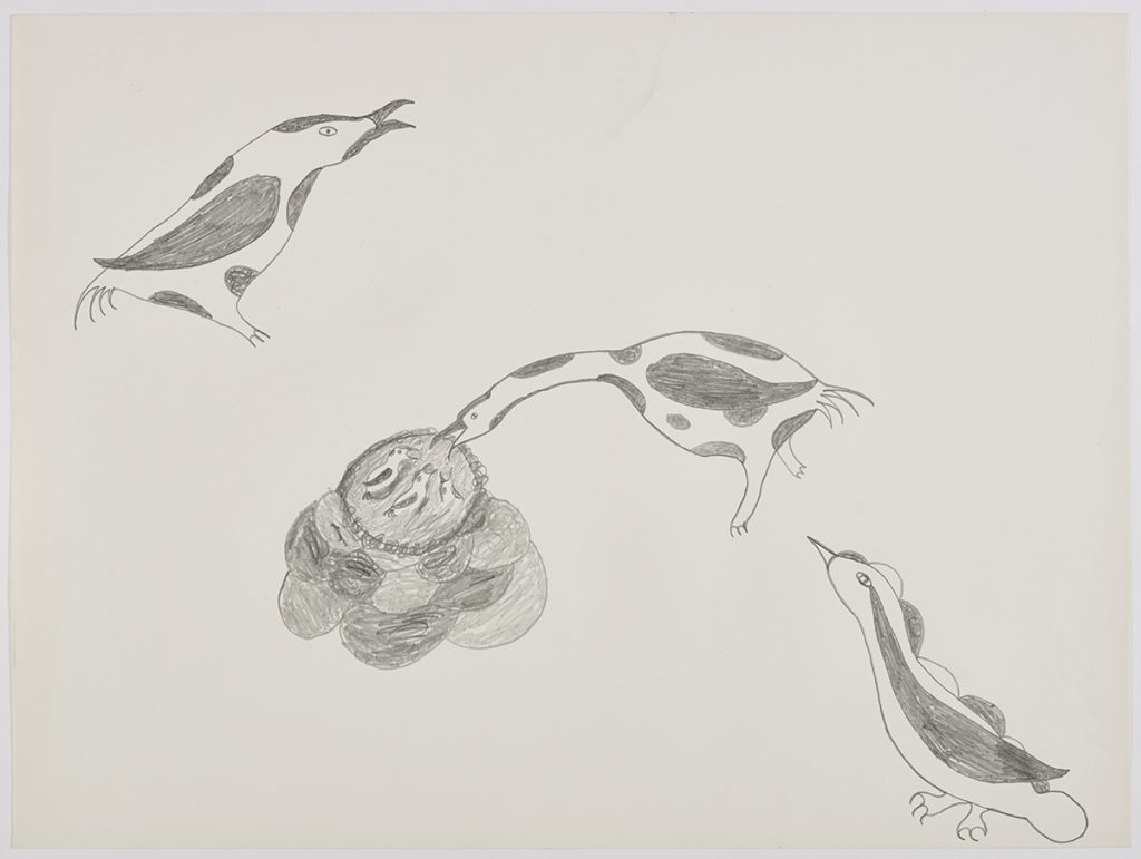 Scene depicting three spotted birds in a diagonal row across the page with the centre bird looking into a nest with three chicks. Scene presented in a two-dimensional style and using grey.