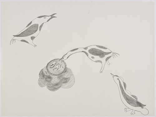 Scene depicting three spotted birds in a diagonal row across the page with the centre bird looking into a nest with three chicks. Scene presented in a two-dimensional style and using grey.