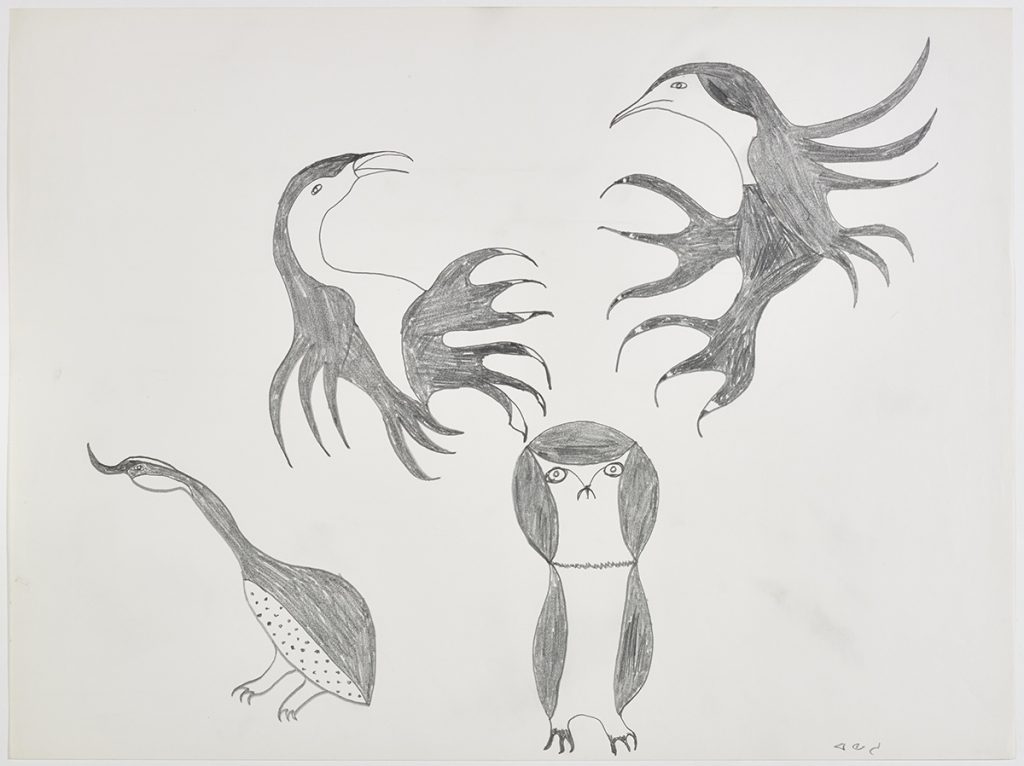 Dans le haut de la page, deux oiseaux face à face dont les ailes ressemblent à leurs griffes qui sont sorties; dans le bas, deux oiseaux au sol. Œuvre bidimensionnelle exécutée en gris.