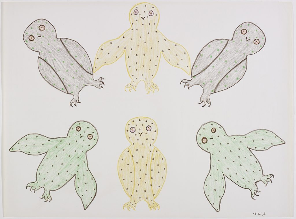 Symmetrical design depicting two horizontal rows of spotted owls. The birds are shown with an alternating pattern of outstretched wings and wings pulled in close to their bodies. Presented in a two-dimensional style using yellow