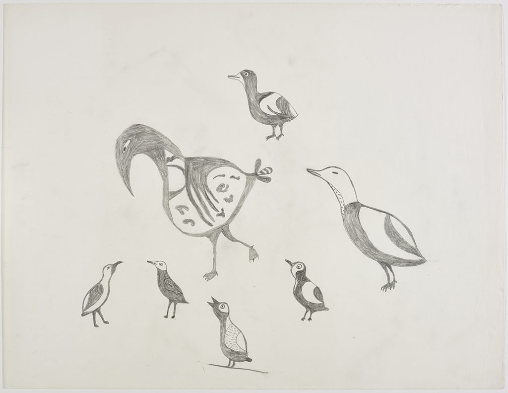 Scene depicting a large bird with three short tail feathers and abstract designs on its belly