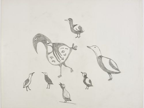 Scene depicting a large bird with three short tail feathers and abstract designs on its belly