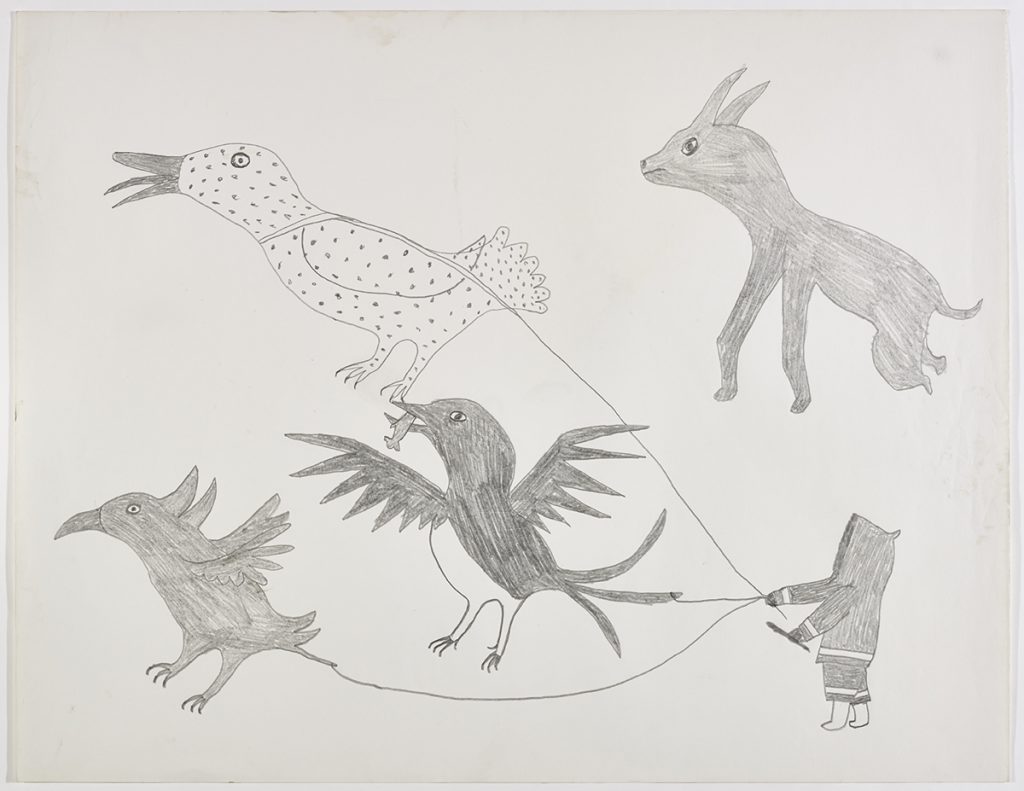 Imaginary scene depicting a four-legged mythical creature with horns and below it are three different birds held by a human figure on leashes. Design presented in a two-dimensional style and using grey.