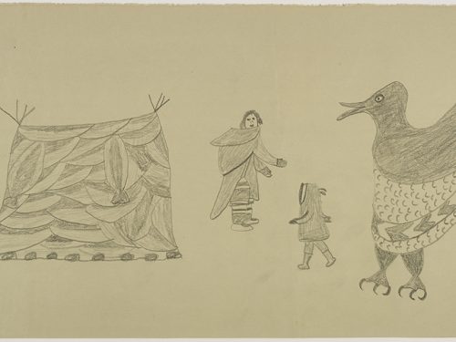 Scene depicting a large stylized bird on the right side. On the left side are a woman with a child and a sealskin tent. Figures presented in a two-dimensional style and using grey.