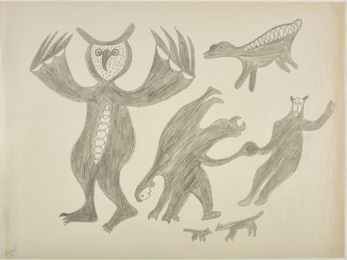 Scene depicting a group of three imaginary creatures dancing with two dog-like figures below and another four legged creature above. Figures presented in a two-dimensional style and using grey.