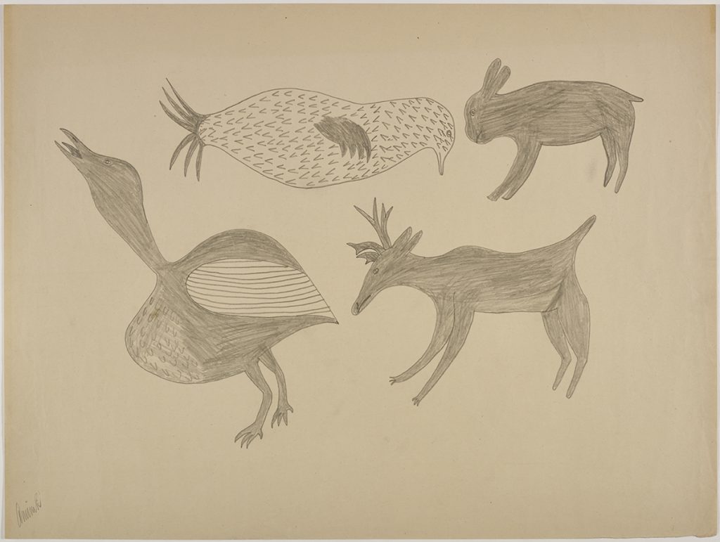 Scène représentant quatre animaux stylisés : un lapin, un lagopède, un caribou et un canard. Œuvre bidimensionnelle exécutée en gris.