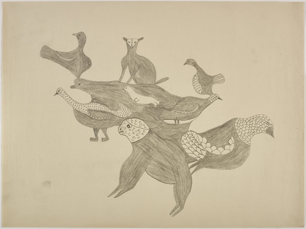 Surreal drawing depicting imaginary animals surrounding a beluga whale. Figures presented in a two-dimensional style and using grey.
