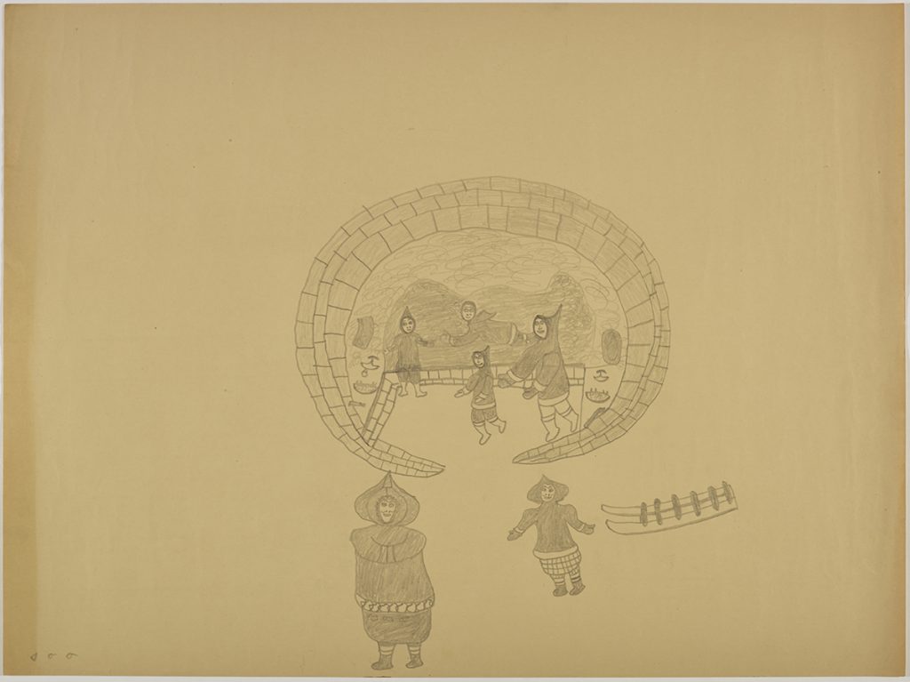 Surreal scene depicting a group of inuit square dancing inside a igloo