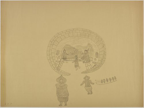 Surreal scene depicting a group of inuit square dancing inside a igloo