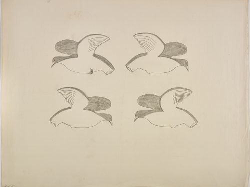 Surreal design depicting four identical birds looking in different directions. Scene presented in a two-dimensional style and using grey.