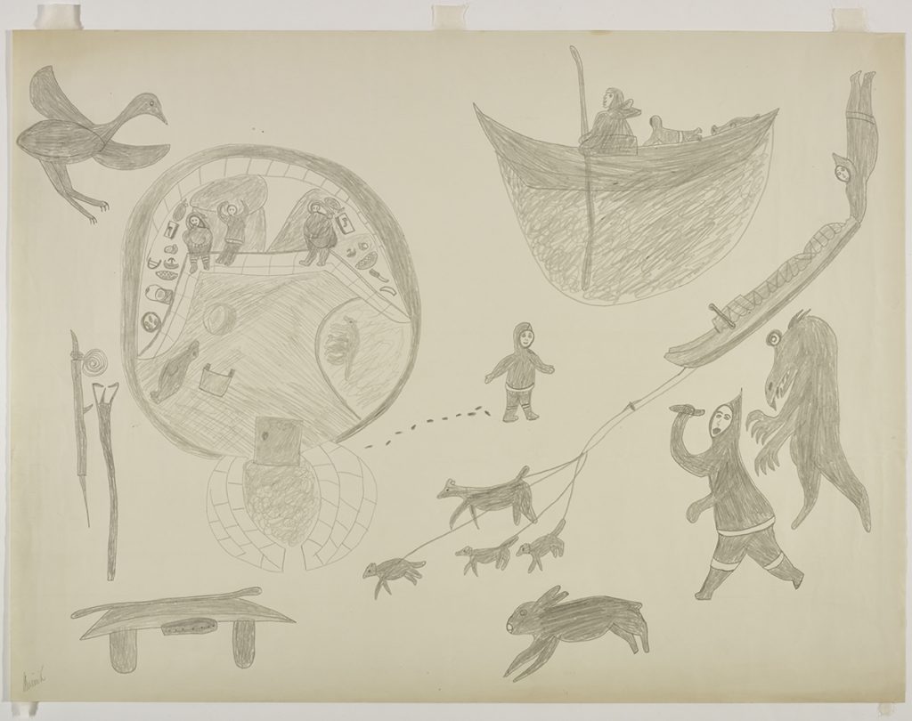 Scene depicting a bird viewing the interior of an igloo with tools and a kayak beneath on the left. On the right side are people on a boat