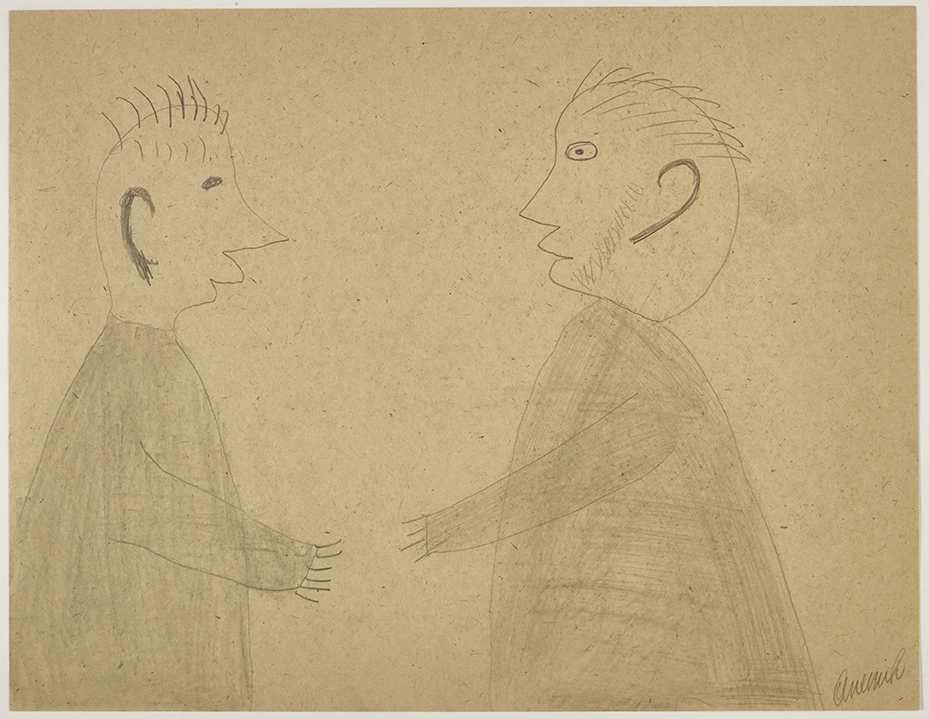 Scene depicting two men about to shake hands with one another. Scene presented in a two-dimensional style and using grey.