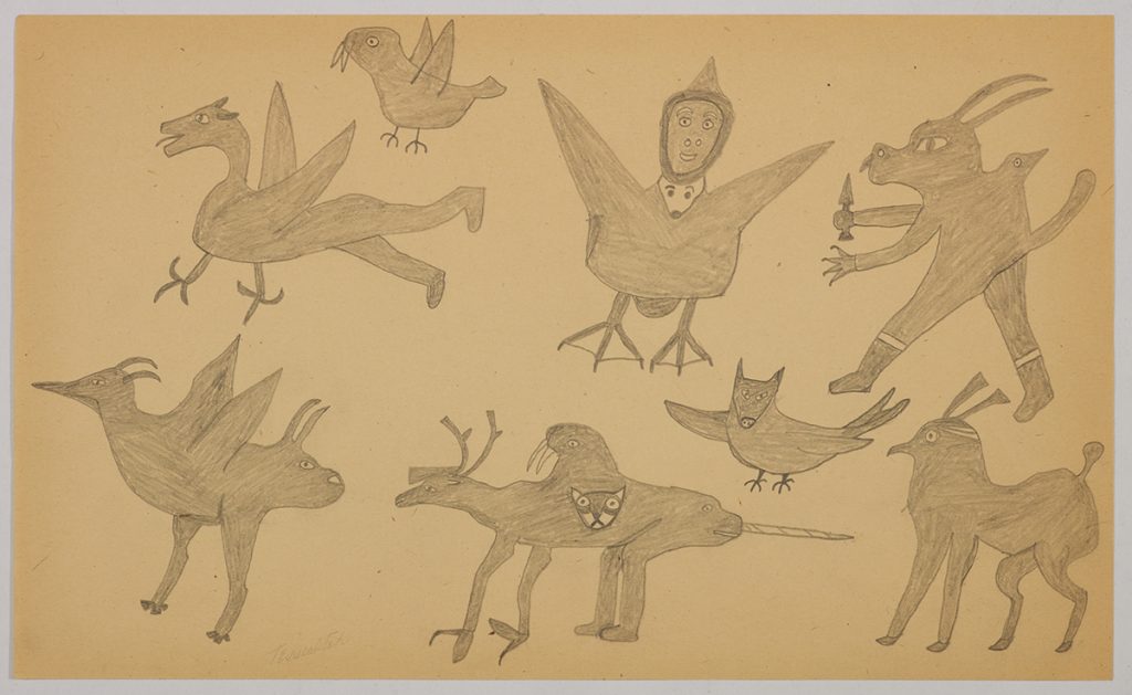 Group of eight imaginary creature hybrids including a human-bird hybrid and a four legged creature with the head of a caribou