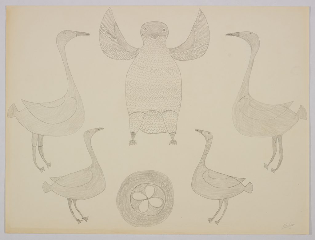 Five stylized birds standing in a circle around a nest with four eggs. The bird in the centre is facing forward with its wings outstretched. Scene presented in a two-dimensional style and using grey.