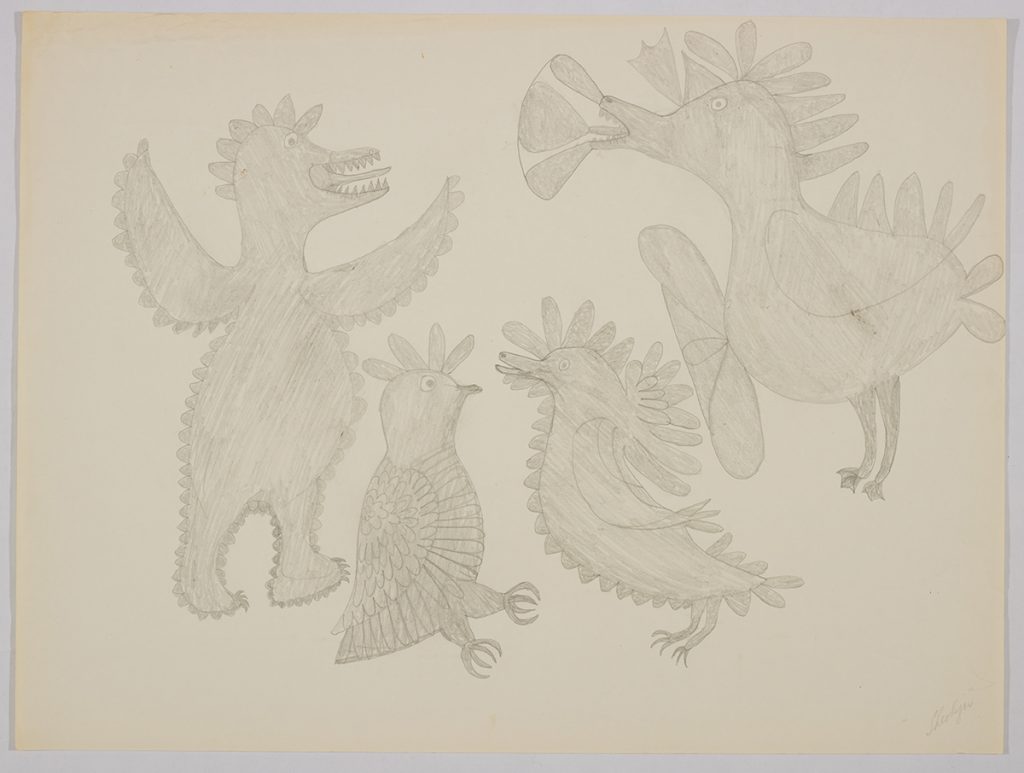 Imaginary scene depicting four different types of birds standing close together with scale-like feathers all over their bodies. Scene presented in a two-dimensional style and using grey.
