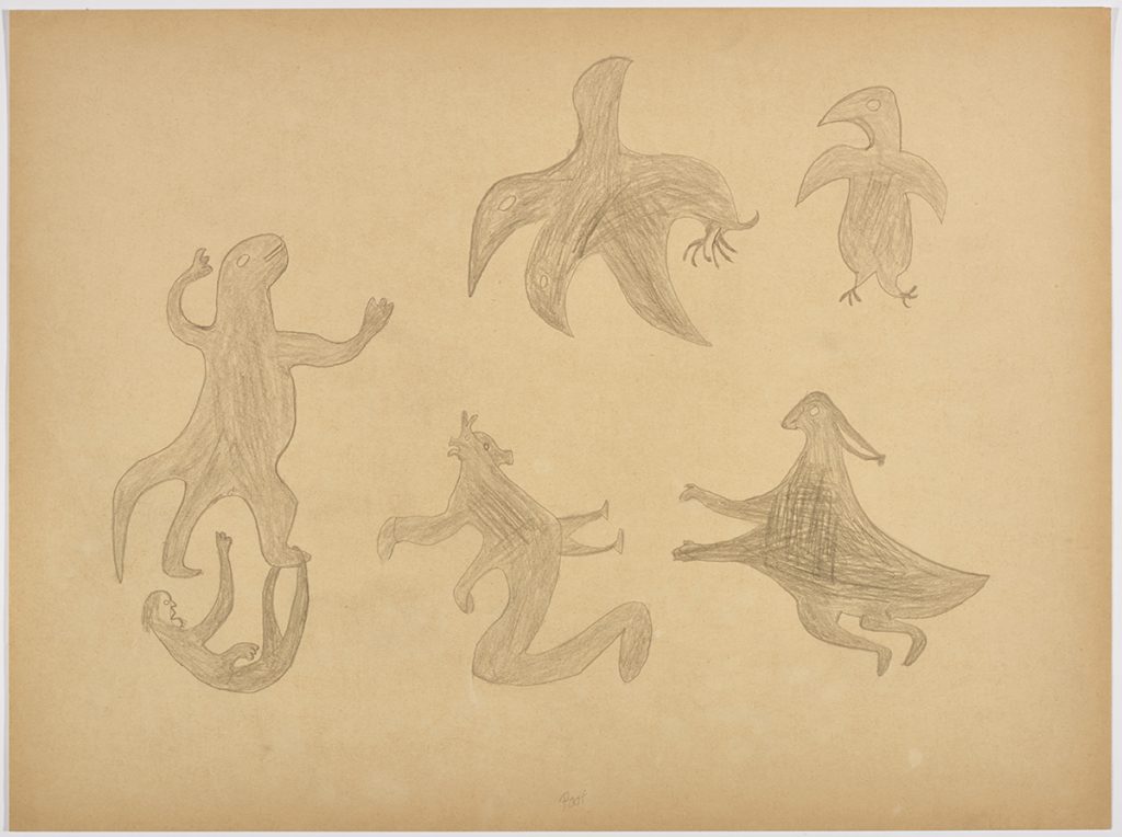 Imaginary design depicting two stylized birds with clawed feet pictured above in addition to three creatures and a human hanging off one of their feet. Design presented in a two-dimensional style and using grey.