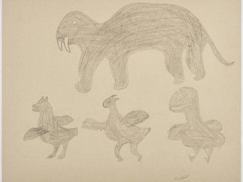 Surreal scene depicting four imaginary creatures with different animal heads. A walrus head with a weasel-like body on the top as well as three bird-like creatures with different heads on the bottom of the page. Figures presented in a two-dimensional style and using grey.