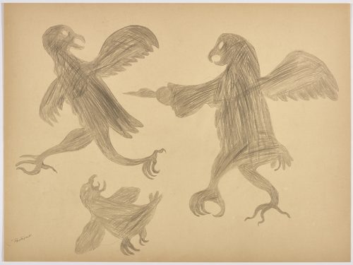 Imaginary scene depicting three birds looking at each other. The bird on the right side of the page is holding something in a hand and pointing it at one of the other birds. Figures presented in a two-dimensional style and using grey.