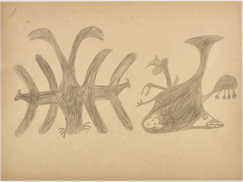 Imaginary scene depicting a symmetrical creature with eight arms and two heads beside a mythical creature with two faces an abstract body shape with multiple strange arms. Creatures presented in a two-dimensional style and using grey.