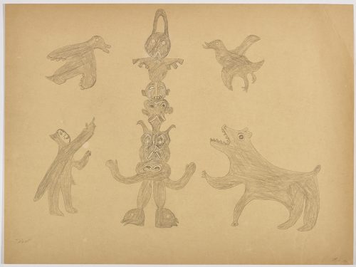 Imaginary scene depicting a creature with lots of heads standing in the middle with a bird flying on either side and a human while a bear stands below looking at the creature with many heads. Scene presented in a two-dimensional style and using grey.