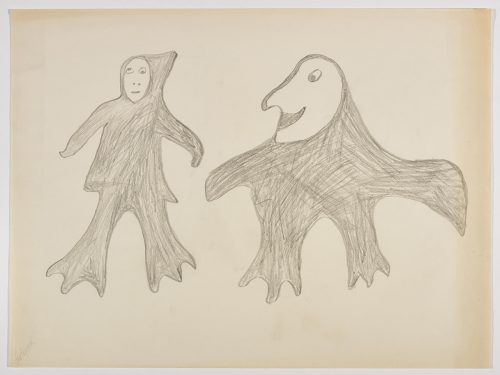 A human figure with huge feet next to a creature with a face and a weird body. Figures presented in a two-dimensional style and using grey.