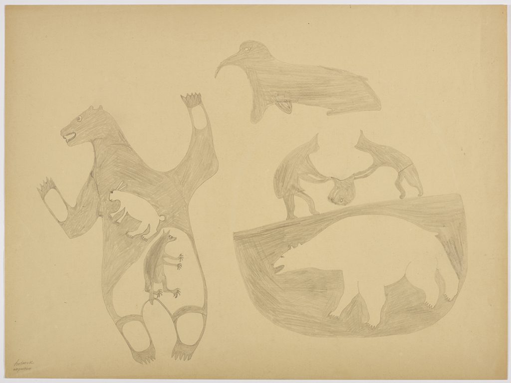 Design depicting a stylized bear with an arctic hare and a fox drawn inside of its body on the left side of the paper. On the right are two human figures holding a bag
