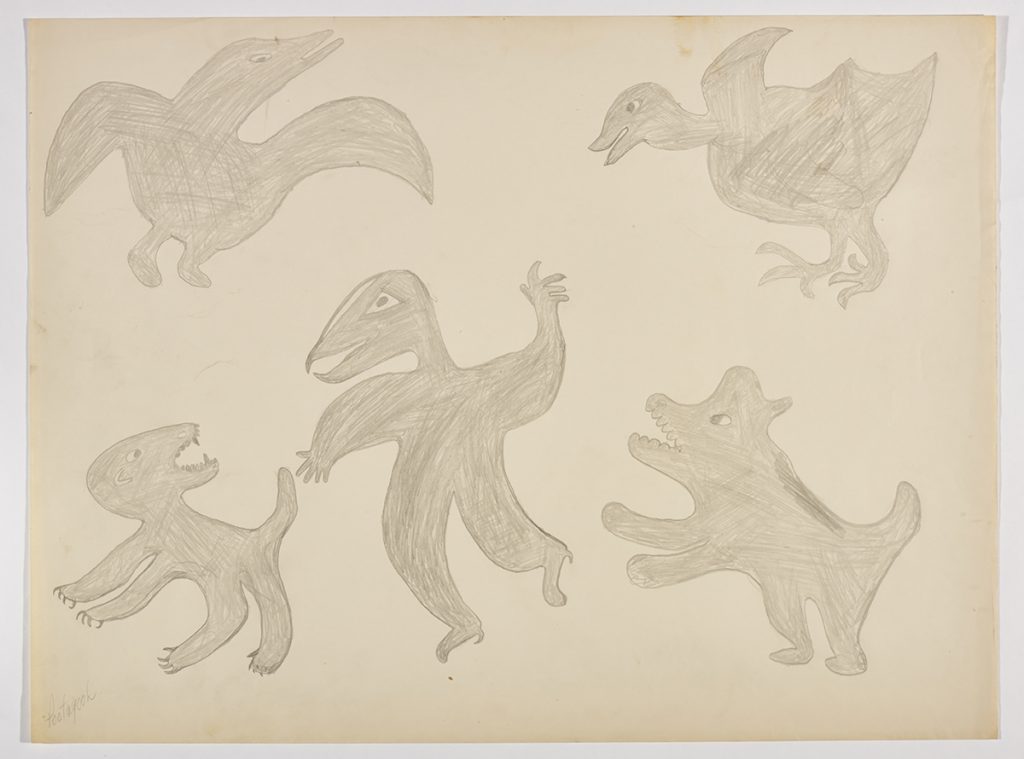 Scène imaginaire avec deux créatures ressemblant à des oiseaux au-dessus de trois créatures ressemblant à des chiens s'amusant. Œuvre bidimensionnelle exécutée en gris.