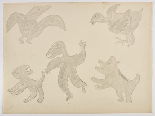 Imaginary scene two bird-like creatures on top of the page and three dog-like creatures playing around below them. Creature presented in a two-dimensional style and using grey.
