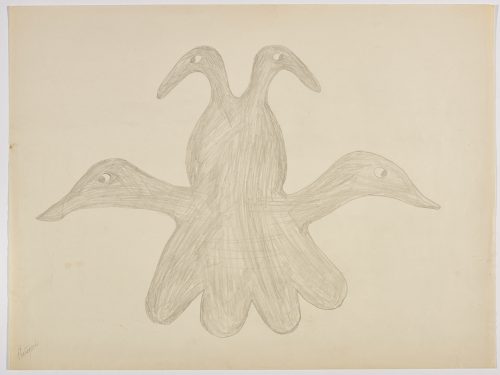 A symmetrical creature with two heads on the top of its body and two more heads coming out of its body just above a set of four large tail feathers. Scene presented in a two-dimensional style and using grey.