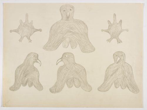 Two abstract creatures with four arms in the top left and right corners and four very similar birds