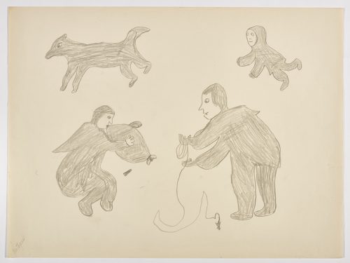 A woman is blowing up a sealskin float next to a man preparing his finishing line and a little boy is chasing after a dog in the top half og the page. Scene presented in a two-dimensional style and using grey.