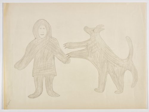 A human figure standing beside a dog with five legs reaching out to touch the human figure with its front two paws. Scene presented in a two-dimensional style and using grey.