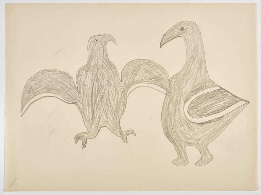 Two stylized birds standing near each othe. One has its wings out stretched and they are both facing each other. Scene presented in a two-dimensional style and using grey.