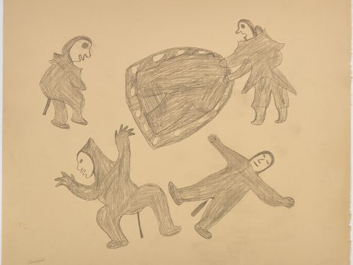 Surreal scene depicting four people and an infant on a woman's back. Presented in a style and using grey.