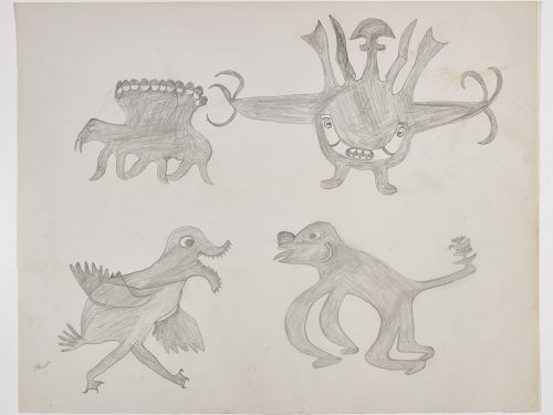 Imaginary scene depicting a bird with a huge mouth with teeth facing a monkey-like creature on the bottom half of the page and another creature with a round body