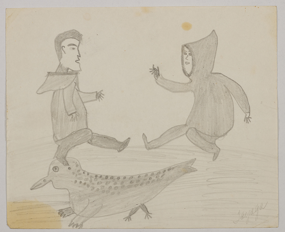 Imaginary scene depicting two human figures facing each other dancing above a bird-seal hybrid creature. Scene presented in a two-dimensional style and using grey.