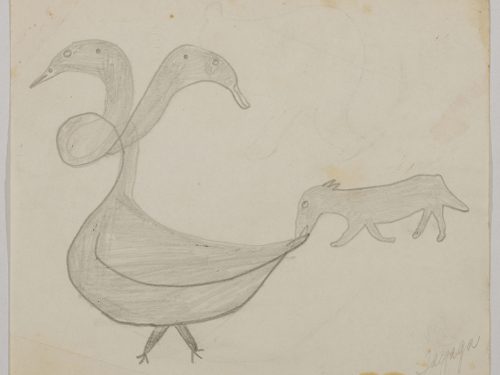 Imaginary scene depicting a strange two-headed bird with a twisted neck and a dog biting its tail. Scene presented in a two-dimensional style and using grey.
