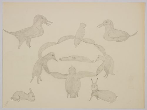 Playful scene depicting a circle of four birds surrounding a seal while two rabits and two birds stand around them. Scene presented in a two-dimensional style and using grey.