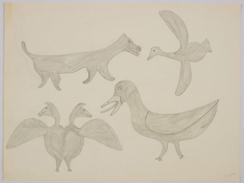 Scène représentant un oiseau à deux têtes à côté d'un grand canard, un oiseau en vol et un chien dans le coin supérieur gauche. Œuvre bidimensionnelle exécutée en gris.