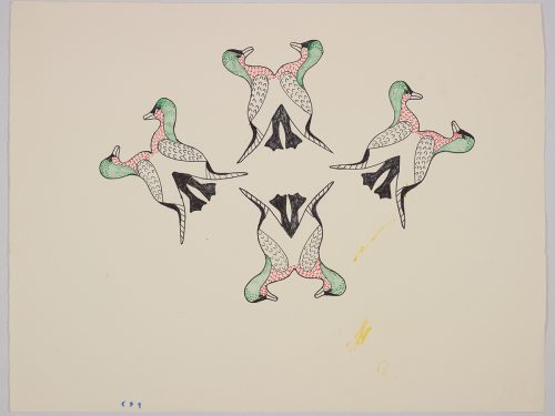 diamond-shaped design depicting four symmetrical groups of stylized birds conjoined at their stomachs. Presented in a two-dimensional style and using green