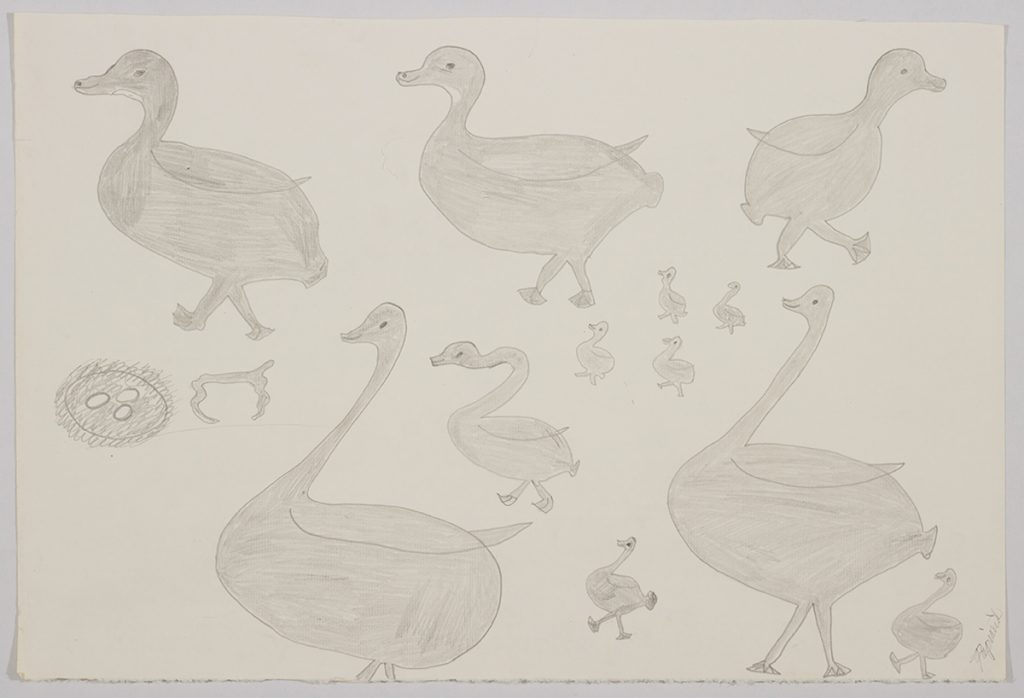 Playful scene depicting five large birds and seven smaller birds next to a nest with three eggs. Scene presented in a two-dimensional style and using grey.