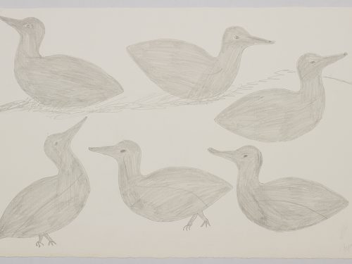 Playful scene depicting a grouping of six birds in a minimal landscape; four of them are sitting and two are standing. Scene presented in a two-dimensional style and using grey.