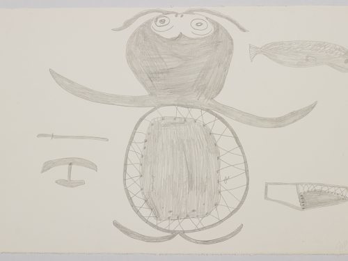 Imaginary scene depicting a creature with a sealskin stretcher for a body surrounded by traditional inunit tools and a seal. Presented in a two-dimensional style and using grey.