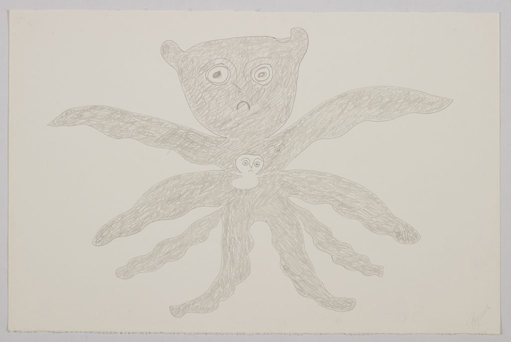 Imaginary figure with eight arms sticking out of its body with a small bird-like figure in the middle of the other creature. Presented in a two-dimensional style and using grey.