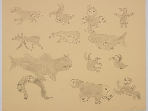 Imaginary scene depicting a caribou and a polar bear amongst a group of ten different creatures
