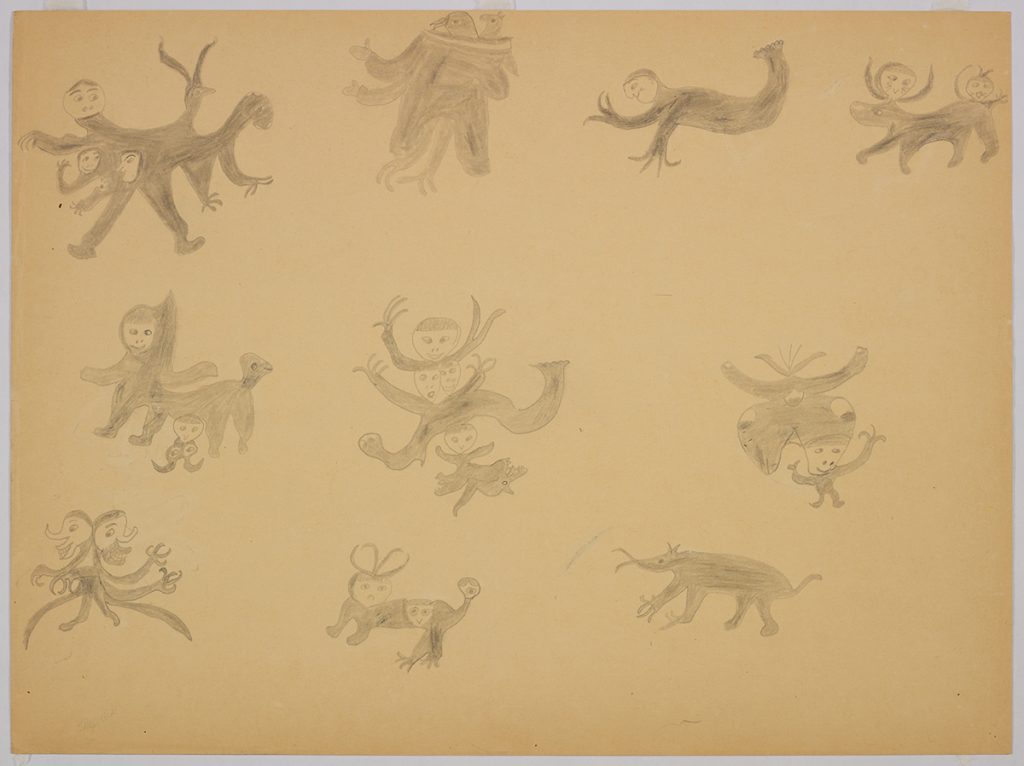 Scene depicting a group of ten imaginary human-animal hybrid creatures including a large bird wearing an amuatik carrying a baby bird in her hood and a four-headed creature with mutiple arms and a bird's head. Scene presented in a two-dimensional style and using grey.