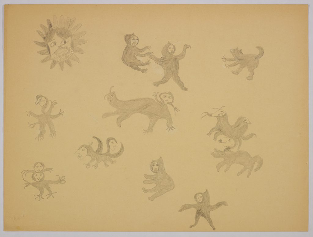 Imaginary scene depicting ten different animal-human hybrid creatures as well as a large human face with rounded geometric shapes surrounding it. Scene presented in a two-dimensional style and using grey.